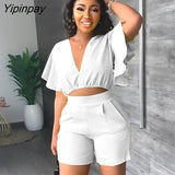 Yipinpay Lotus Leaf Sleeves Shirt Pants Suit Female V Neck Cropped Tops Short Pants 2 Piece Set Summer Girl Casual Club Outfits