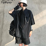 Yipinpay Street Style Short Sleeve Tie Black Shirt Women Y2K Oversize Button Up Ladies Blouse 2023 Summer Loose Gothic Tops
