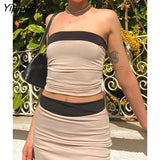 Yipinpay Spliced Tube Top Crop Tops And Bodycon Skirt Suits Women Side Split Dress Set Female Reversible Solid Sleeveless Outfits