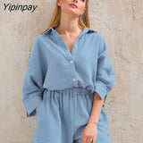 Yipinpay Two Piece Shirt Set Women Loose Blouses Cardigan Tops And Shorts High Waist 2023 Spring Summer Baggy Shirts Outfits Sets