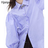 Yipinpay 2023 Autumn court style Long Puff Sleeve Shirt Women Vintage Butterfly embroidery Button Ladies Tunic Blouse Female Tops