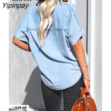 Yipinpay Women Loose Denim Shirt Sexy Tops And Blouses With Pockets Streetwear Turndown Collar Button Up Cardigan Blue Jean Shirts