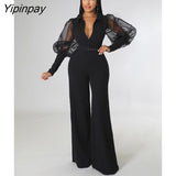 Yipinpay Solid V Neck Mesh Belt One Piece Wide Leg Pants Woman Long Sleeve Elegant Jumpsuit Playsuit Overalls Fall One Piece Outfit
