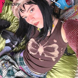 Yipinpay Aesthetics Butterfly Print Brown Crop Tops Indie Streetwear O-neck Sleeveless Tank Tops 90s Fashion Summer Vests