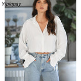 Yipinpay 2023 Spring Sexy Folds Flare Long Sleeve Women White Shirt Korea Style Button Up Woman Crop Tops Blouse Female Clothing