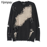 Yipinpay 2023 Winter Streetwear Frayed Tie Dye Sweater Women Long Sleeve Korean Style O Neck Loose Knit Pullovers Female Clothing