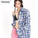 Yipinpay 2023 Spring Streetwear Long Sleeve Plaid Print Shirt Women Oversize Button Up Turn Down Collar Ladies Tunic Blouse Tops