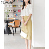 Yipinpay 2023 Summer Short Sleeve Chiffon White Shirt Women Office Lady Button Notched Neck Ladies Blouse Work Female Clothing Top