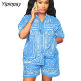 Yipinpay Print Tracksuit Women Short Sleeve Shirt And Shorts Two Piece Sets Female Fashion Outfits 2023 Single Breasted Top Suits