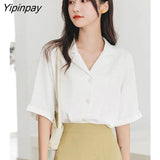 Yipinpay 2023 Summer Short Sleeve Chiffon White Shirt Women Office Lady Button Notched Neck Ladies Blouse Work Female Clothing Top
