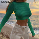 Yipinpay Sexy Knit Short T Shirt Ribbed Bodycon Tops For Women 2023 Autumn Long Sleeve Bacis Tees Streetwear Knitting Crop Tops