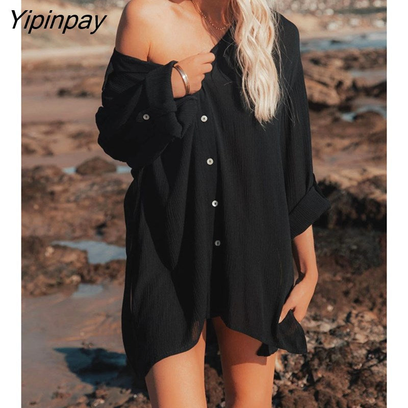 Yipinpay 2023 Spring New In Minimalist Solid Color Full Sleeve Women Long White Shirt Causal Loose Button Woman Tunic Blouse Tops