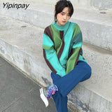 Yipinpay Green Striped Print Oversized Pullovers Women Winter O-Neck Loose Long Sweaters Streetwear Warm Outerwear 2023