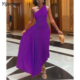 Yipinpay Hollow Out Pleated Dress Women Fashion Sleeveless Diagonal Collar A Line Dresses 2023 Summer Party Prom Evening Vestidos