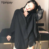 Yipinpay Minimalist Style Oversize Long Sleeve White Shirt Women Button Solid Turn-Down Collar BF Shirts Blouse 2023 Summer Tops