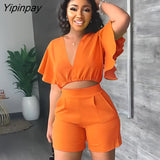 Yipinpay Lotus Leaf Sleeves Shirt Pants Suit Female V Neck Cropped Tops Short Pants 2 Piece Set Summer Girl Casual Club Outfits
