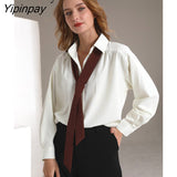 Yipinpay 2023 Spring Office Lady Long Sleeve Folds Women Basic Shirt Minimalist Tie Button Up Loose Woman Tunic Blouse Clothing