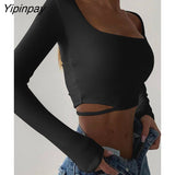Yipinpay Women's Square Collar Y2K Crop Tops Tees Sexy Slim Long Sleeve Basic T Shirt Female T Shirt Autumn Solid Fashion Streetwear
