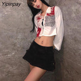 Yipinpay 2023 Autumn Street Style Slim Long Sleeve Print Women Short Shirt Sexy Button Ladies Crop Top Party Blouse New In Clothing