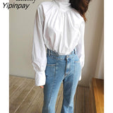 Yipinpay 2023 Spring New Elegant Long Sleeve Women White Blouse Vintage Bow Stand Neck Woman Shirt Female Fashion Clothing Tops
