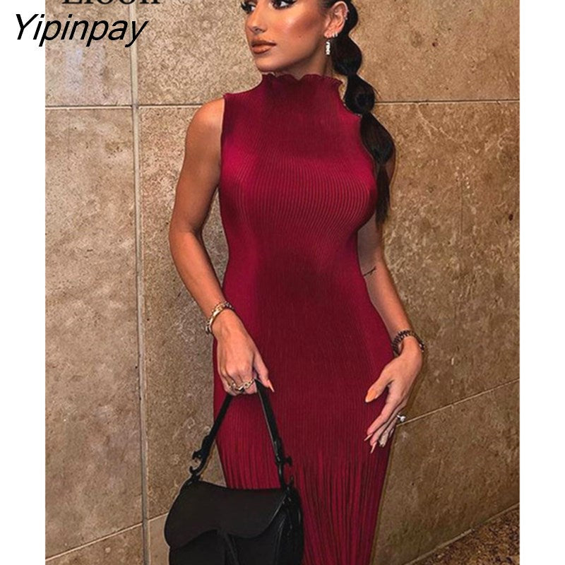 Yipinpay Sexy Knitted Ribbed Bodycon Pleated Dress Women Robes Autumn Winter Streetwear Sleeveless O Neck Party Long Maxi Dresses