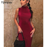 Yipinpay Sexy Knitted Ribbed Bodycon Pleated Dress Women Robes Autumn Winter Streetwear Sleeveless O Neck Party Long Maxi Dresses