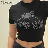 Yipinpay Vintage Rhinestone Spider Goth Graphic T Shirt Women Y2k Style Crop Top O-neck Tshirt Black Streetwear Short Sleeve T-shirt
