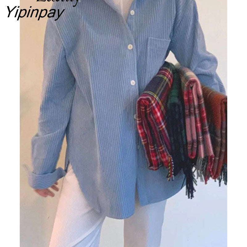 Yipinpay 2023 Winter Korean Style Oversize Long Sleeve Corduroy Shirt Women Casual Button Up Loose Ladies Tunic Blouse Female Tops