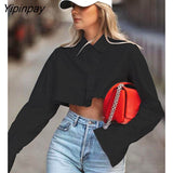 Yipinpay Short Shirts Crop Tops And Blouses Women Button Up Cardigan 2023 New Long Sleeve Turndown Collar Cotton Black White Blouse