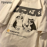 Yipinpay Men Tshirt Oversized Drinking Cat Anime Cotton Print Streetwear Graphic Short Sleeve Korean Fashion Top Harajuku Summer Clothing