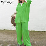 Yipinpay Piece Pleated Shirt Set Sexy Blouse Tops And Wide Leg Pants Women High Waist 2023 Autumn Long Sleeve Loose Outfits Pant Sets