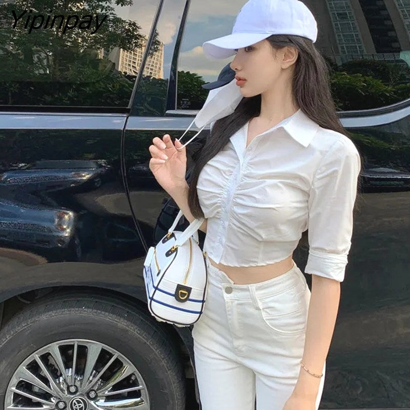 Yipinpay 2023 Summer Half Sleeve Blue Shirt Women Korean style Slim Fold Button Up Ladies Crop Tops Blouse Sexy Female Clothing