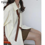 Yipinpay 2023 Spring Minimalist Long Sleeve Button Up Shirt Women Korean Style Solid Tie Oversize Shirts Blouse Loose Clothes Tops