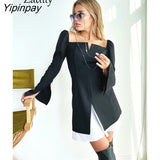 Yipinpay 2023 Spring Minimalist Long Puff Sleeve Women Black Mini Dress Korea Style Fake Two Pieces Fashion Party Woman Dresses