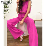 Yipinpay Cotton Linen Vest Trousers Two Piece Set Women O Neck Crop Tops High Waist Wide Pants Suit 2023 Lady Tank Shorts Outfits
