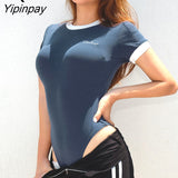 Yipinpay Sumemr Sexy Cotton Short Sleeve Bodysuit Women Letter Embroidery Contrast Color Ladies Rompers Y2K Fashion Female Jumpsuit