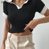 Yipinpay Block Knit Ribbed Crop Top Sexy Short T Shirt Women Pullovers New 2023 Summer Basic Tees Streetwear Patchwork Bodycon Tops