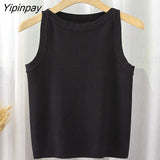 Yipinpay Stripe Knit Tank Crop Top Summer Basic Vest 2023 Women Outfits Streetwear Sleeveless O Neck Black White Knitwear Cute Tops