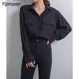 Yipinpay 2023 Spring Minimalist Long Sleeve Woman Black Shirt Korea Style Oversize Button Up Pocket Woman Blouse Clothing Top