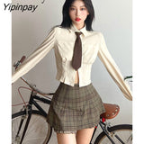 Yipinpay 2023 Spring Sweet JK Long Sleeve Shirt Women Korea Style Slim Button Up Tie Ladies Crop Top Blouse Autumn Female Clothing