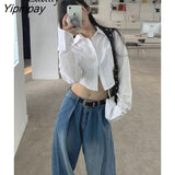 Yipinpay 2023 Spring New In Sexy Long Sleeve Y2K White Shirt Women Button Up Loose Ladies Crop Top Party Female Blouse Clothing