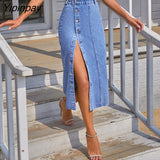 Yipinpay Button Up High Waist Skinny Slit Jean Skirt Pencil Office Lady Single Breasted Knee Length Sexy Bodycon Denim Midi Skirts