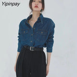 Yipinpay 2023 Autumn Fashion Street Style Long Sleeve Denim Shirt Women Casual Button Up Pocket Blouse Female Clothing Tops
