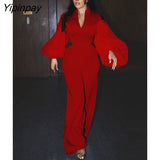 Yipinpay Women's Elegant Gauze Lantern Sleeve Bandage Tops Pants Two Piece Set 2023 Lady Fashion Backless Blouse Wide Leg Trousers Suits