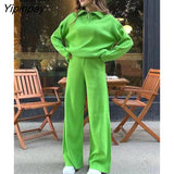 Yipinpay Knitted Two Piece Set Loose Sweater Tops And Pants Straight Leg Long Sleeve Zip Up Autumn Winter High Waist Sweaters Sets