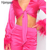 Yipinpay Feather Crop Tops And Split Trousers Two Piece Sets Women Fashion Flare Long Sleeve Tie Up Blouse High Waist Pants Suits