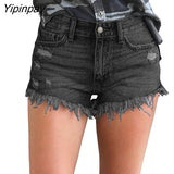 Yipinpay Cotton Tassel Jean Shorts Women High Waist Bottoms Sexy Rave Jean Short Button Pockets Streetwear Black Blue Denim Shorts
