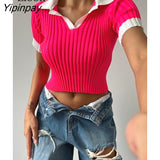 Yipinpay Block Knit Ribbed Crop Top Sexy Short T Shirt Women Pullovers New 2023 Summer Basic Tees Streetwear Patchwork Bodycon Tops
