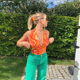 Yipinpay Streetwear Wave Print Deep V Sexy Crop Tops 90s Aesthetics Backless Lace Up Orange Halter Top Vintage Summer Tanks