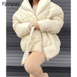 Yipinpay Women Casual Lapel Oversized Padded Jacket Long Sleeve Warm Parkas Padded Jackets 2023 Autumn Winter Fashion Lace Up Streetwear